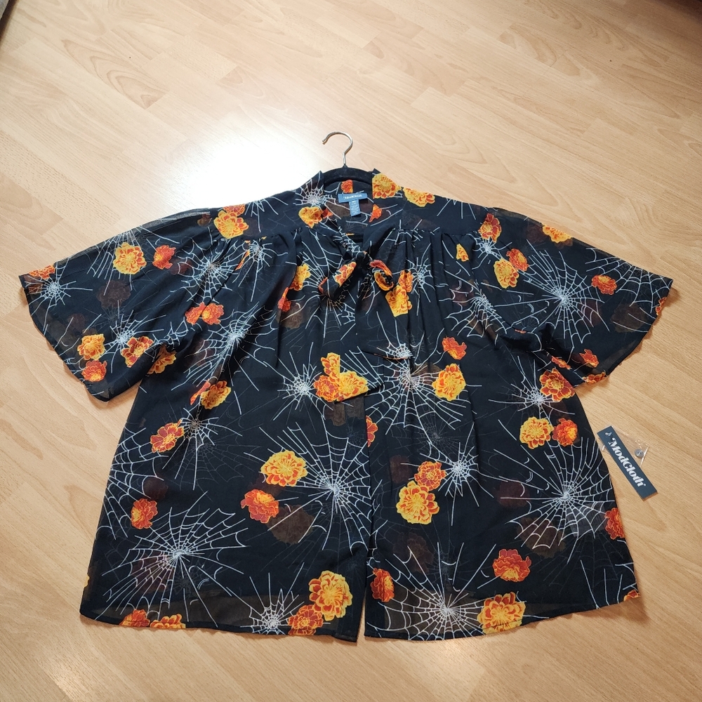 NWT ModCloth Spider Webs Floral Tie-Neck Sheer Black Orange Button Blouse Top XL